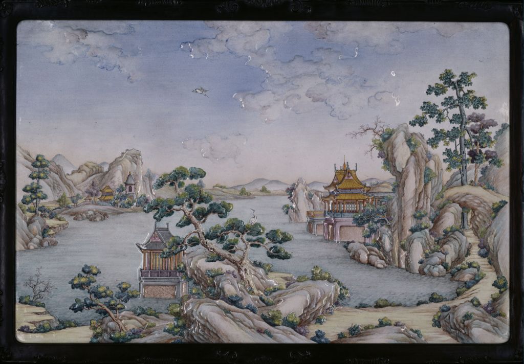 图片[1]-Hammer tire painting, enamel landscape, pavilions, hanging screen-China Archive